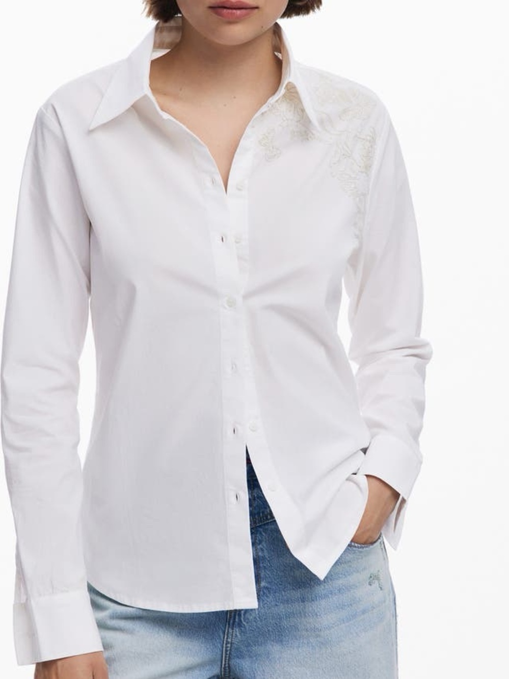 Desigual Embroidered Long Sleeve Stretch Cotton Button-Up Shirt White Medium
